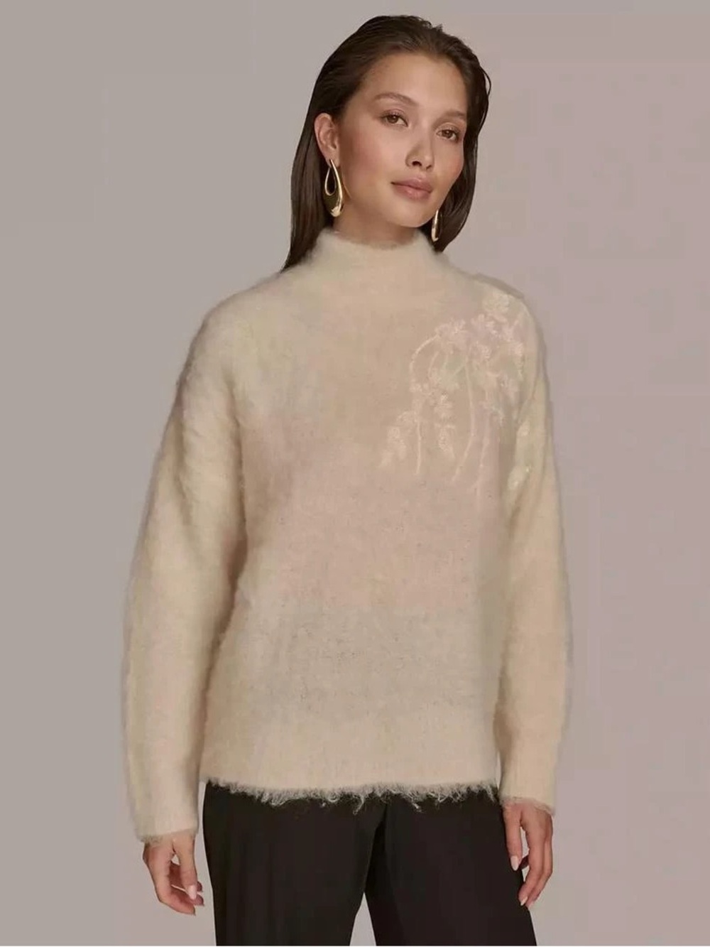 Soft Cream Faux Mohair Sweater with Beaded Floral Detail NWOT